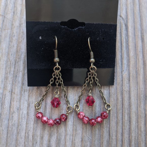 Handmade Red Beads & Brass Dangle Earrings - Picture 1 of 1